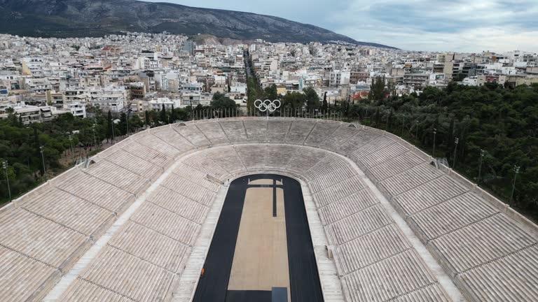 Greece 6-02-2024 Drone aerial view of Panathenaic multi-purpose stadium in Athens, Greece. Ancient stadium used for the Panathenaea games built entirely from marble, historic attractions of Athens