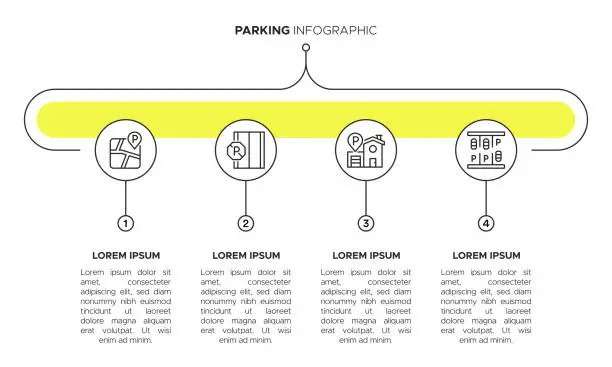 Vector illustration of Parking Infographic - Car, Vehicle, Parking Lot, Paring Garage, Parking Space, Parking Spot, Parking Sign