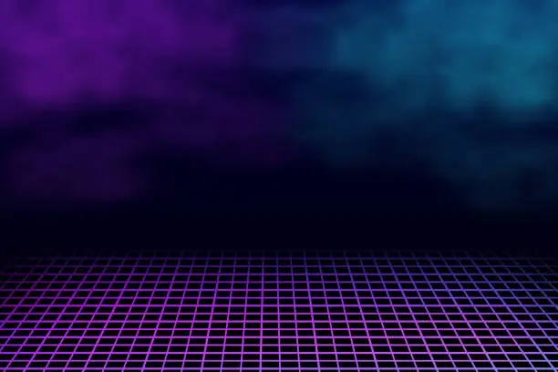 Vector illustration of Perspective grid background with blue and purple smoke or fog effect