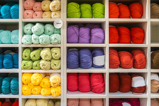 Colorful wool on display at a textile store