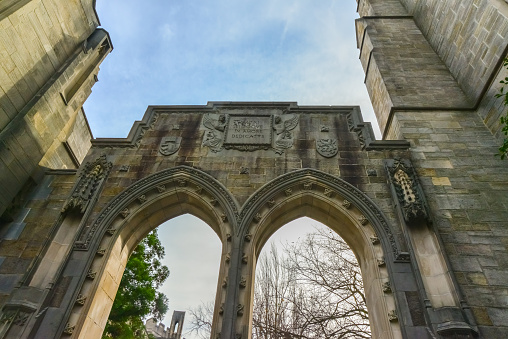 Princeton, NJ USA - November 12, 2019:  Elements of architectural design and view of the exterior of the Chapel on the campus of Princeton University in Princeton, NJ