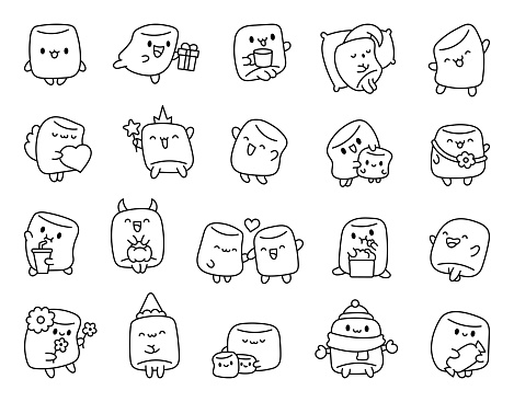 Cute marshmallow character. Coloring Page. Cartoon sweet smiling dessert. Hand drawn style. Vector drawing. Collection of design elements.