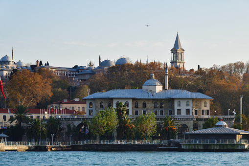 View on Topkapi Palace from Golden Horn harbor. Istanbul Turkey