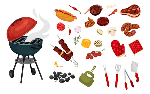 A complete set of products and accessories for BBQ. Indulge in premium meats, from juicy steaks to juicy burgers, and light up the flavors. Vector illustration of picnic supplies.