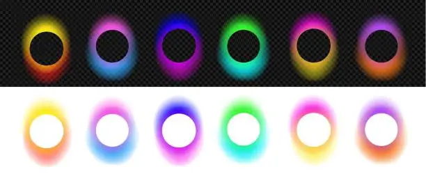 Vector illustration of 3d set holographic gradient circle background. Abstract shapes with glow and blur on black background. Stock vector illustration on isolated background.