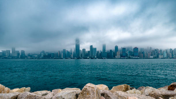 Toned image of cold and cloudy day in Chicago, Illinois photographed from the top floor of the John Hancock Center.