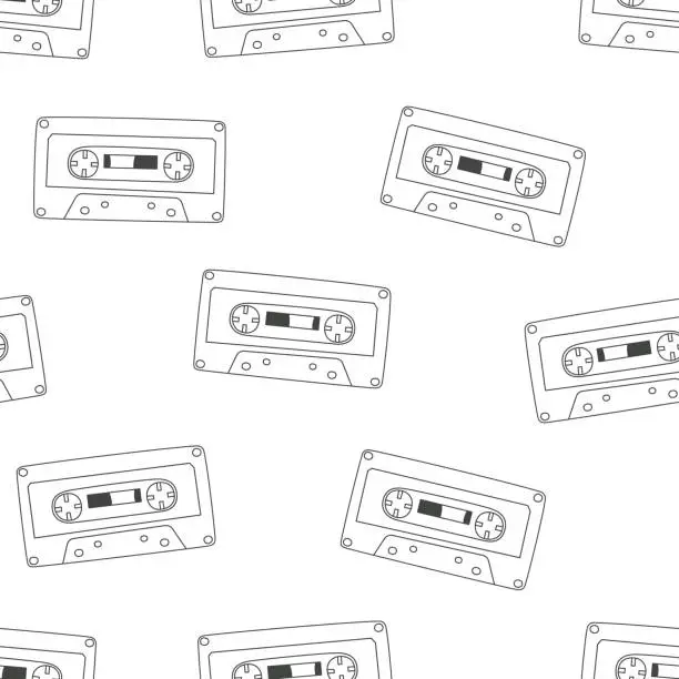 Vector illustration of Black and white seamless pattern with audio cassette.