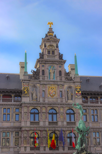 Antwerp, Belgium - May 2022: Antwerp's City Hall building located on the Grote Markt in the downtown region. The building was designed by Cornelis Floris De Vriendt and created between 1561 and 1565. Antwerp is Belgium's most populous city and the capital of the Antwerp province, located in Flanders.