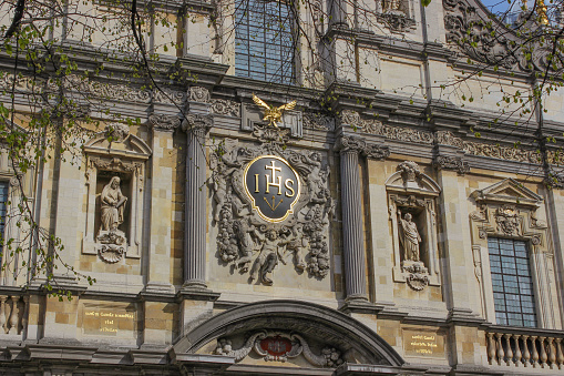 Antwerp, Belgium -May 2022: St. Charles Borromeo Church, located in the historic centre of Antwerp,  Belgium's most populous city and the capital of the Antwerp province, located in Flanders.