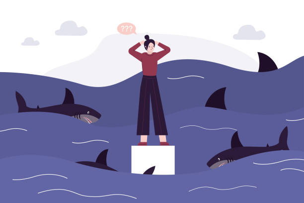 ilustrações de stock, clip art, desenhos animados e ícones de businesswoman in troubles, female person standing alone on rock in ocean with dangerous sharks swimming around. business adversity concept. risk management, business loan - fishing women catching customer