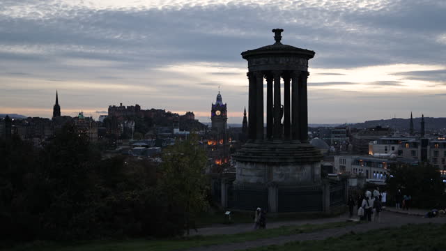 View of Calton Hill, Edinburgh sunset view from calton hill, Gothic Revival architecture in Scotland, View of Edinburgh city center from Calton Hill, Dugald Stewart Monument