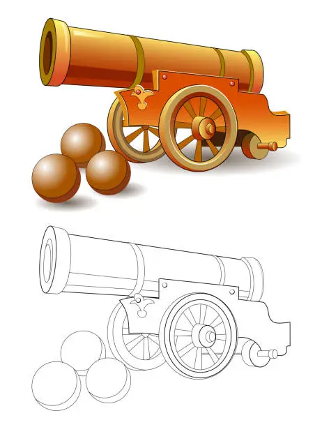Vector illustration of Colorful and black and white pattern for coloring. Fantasy illustration of ancient military cannon and cores for firing. Worksheet for coloring book for children and adults. Vector image.
