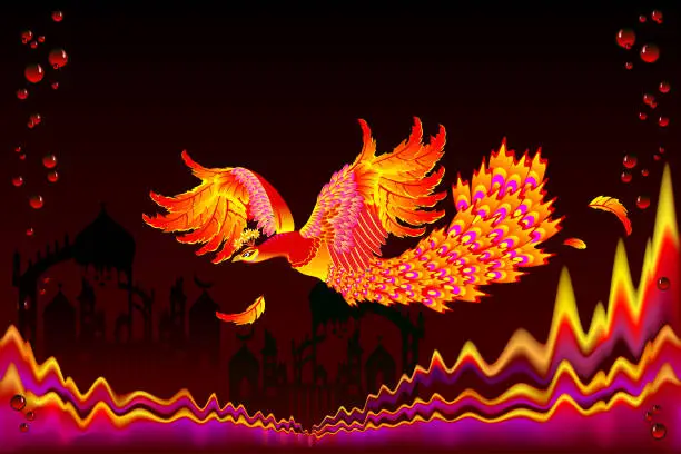 Vector illustration of Fairyland bird flying between flame waves in fairy tale kingdom. Fantastic illustration for kids book cover. Performance decoration. Abstract background for poster. Printable vector cartoon image.