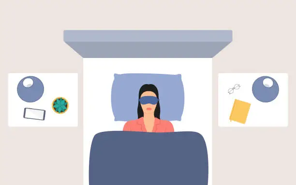 Vector illustration of High Angle View Of Woman Sleeping With Eye Mask In Double Bed. Modern Bedroom With Night Tables, Lampshades, Succulent Plant And Book