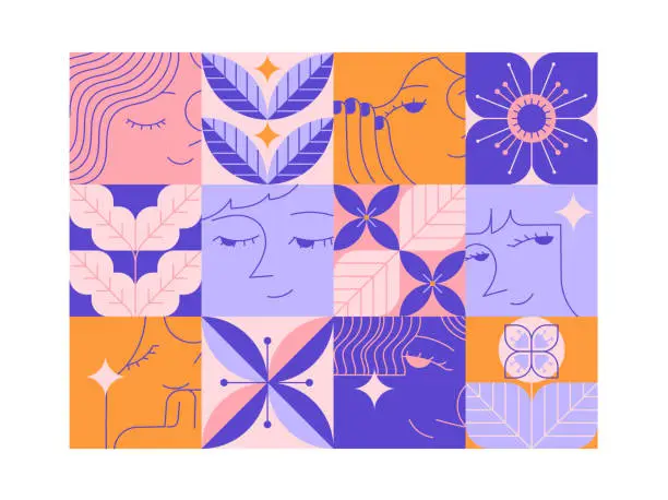 Vector illustration of Women, flowers, romantic mood pattern