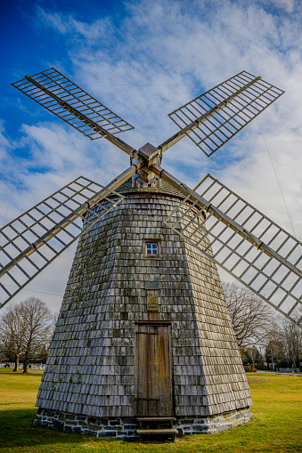 James Corwith Grist Windmill in Water Mill, New York, a popular tourist attraction along Route 27 on Long Island