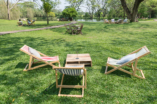 Sunbeds with pillow and wooden table on green grass under big tree at spring garden of outdoor cafe and restaurant.