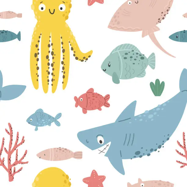 Vector illustration of Seamless pattern with sea animals, children's pattern. Vector marine theme.