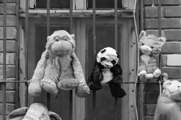 Old broken dirty toys on the wall