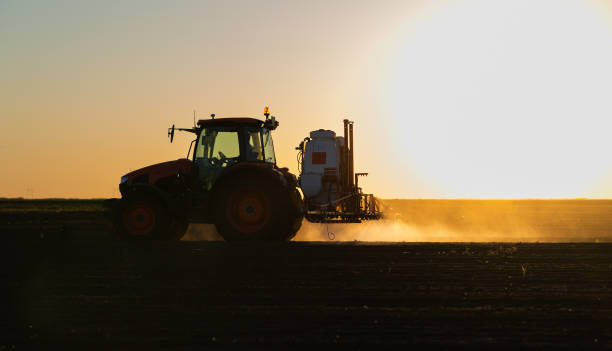 istock Tractor spraying soybean crops field 1982667598