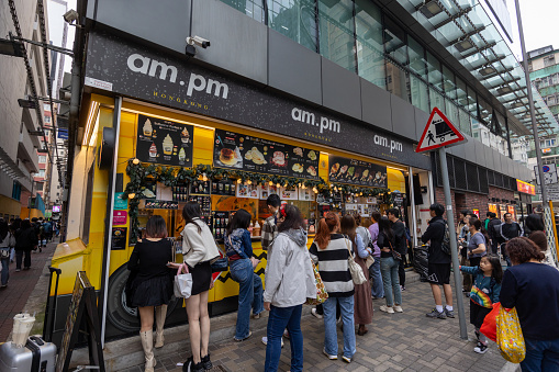 Hong Kong - February 3, 2024 : Customers at the am.pm dessert shop in Yau Ma Tei, Kowloon, Hong Kong.