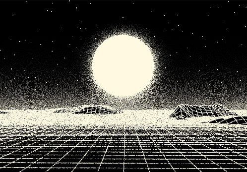 Retro dotwork landscape with 80s styled sun, grid mountains and stars background from old sci-fi book or poster
