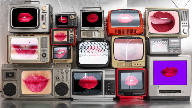 retro television wall with lips