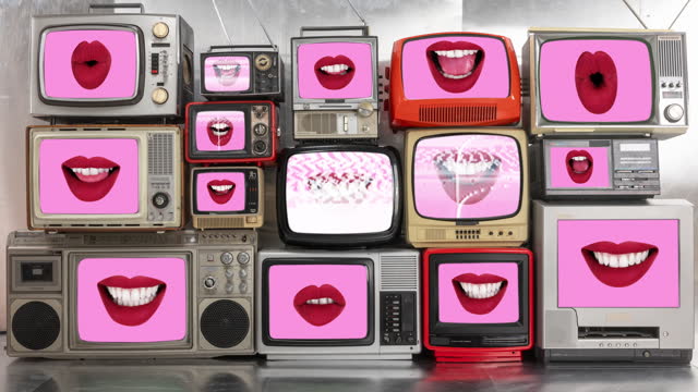 retro television wall with lips
