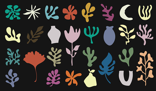 Vector set of handmade colors plants foliage leaf organic shapes symbol collection on black background