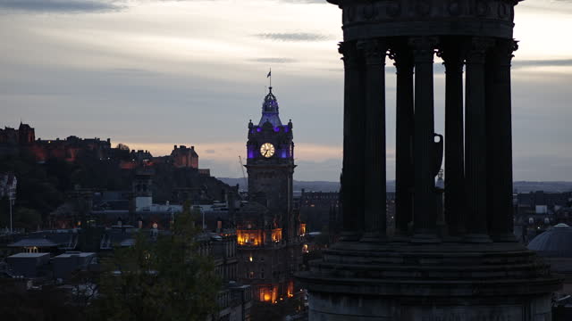View of Calton Hill, Edinburgh sunset view from calton hill, Gothic Revival architecture in Scotland, View of Edinburgh city center from Calton Hill, Dugald Stewart Monument
