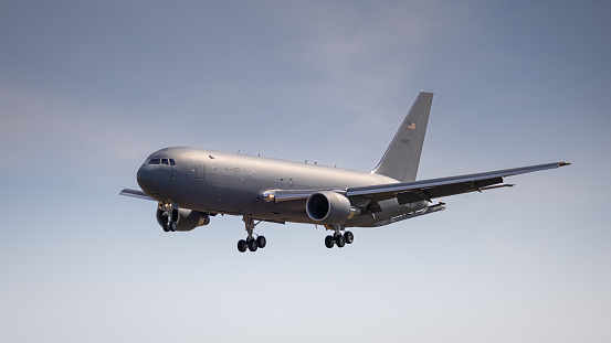 Fairford, UK - 14th July 2022: A USAF Boeing KC-46A Pegasus refuelling aircraft approaching the runway to land