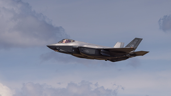 Fairford, UK - 14th July 2022: A Lockheed Martin F-35 Lightning 2 fighter jet, flying past low in height