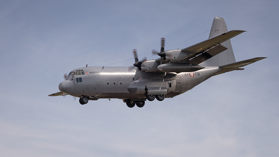 Fairford, UK - 14th July 2022: A Lockheed C-130 Hercules transport aircraft landing at airfield