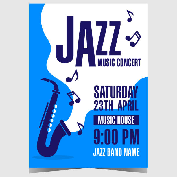 ilustraciones, imágenes clip art, dibujos animados e iconos de stock de cartel o cartel de concierto de música jazz con saxofón y notas musicales. - jazz