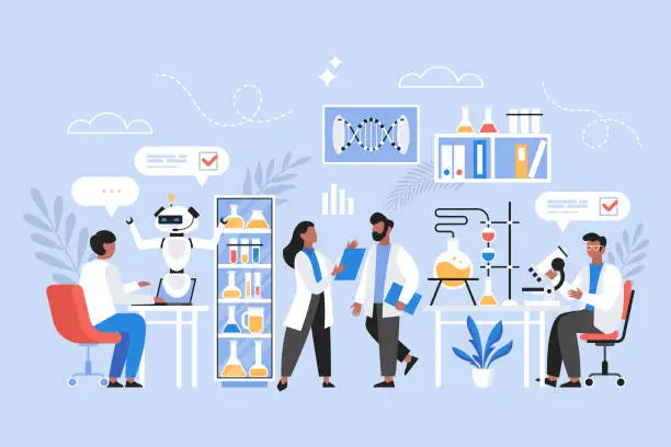 Vector illustration of Scientists in science lab working on medical, chemical or biological laboratory research and test Modern vector illustration of using AI technology and artificial intelligence