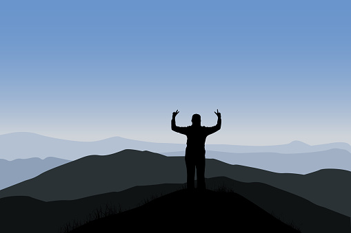 Concept of freedom. Happy Woman stand on peak, hands raised up of mountain on background of beautiful mountains vector. Freedom and success concept.