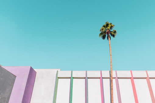 White building with colorful rainbow stripes and a palm tree in Palm Springs, California