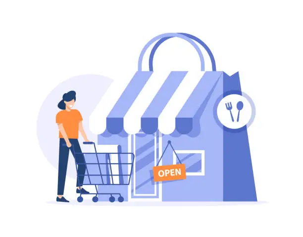 Vector illustration of Shopping,Young woman pushing supermarket shopping cart full of groceries