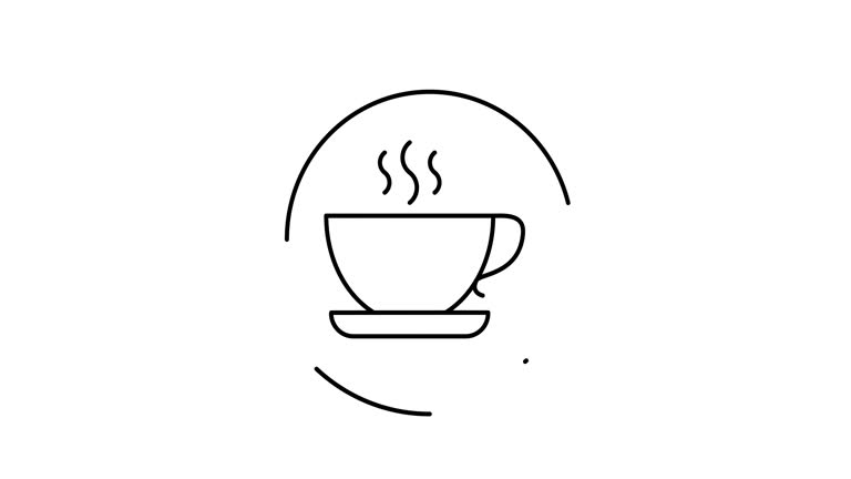 coffee cup animated outline icon with alpha channel. coffee cup rotation appearance 4k video animation for web, mobile and ui design