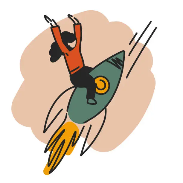 Vector illustration of Businesswoman riding a rocket