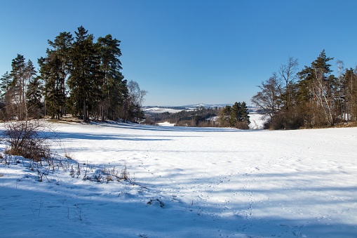Bohemian and Moravian highland landscape, winter panoramic view, snowy landscape near Velke Mezirici town, -czech -republic