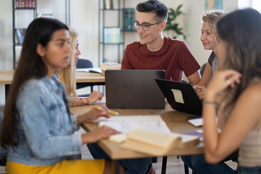 Students having conversation in the library