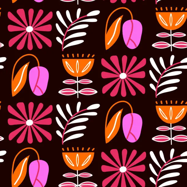 Vector illustration of Abstract modern floral and botanical elements in a seamless pattern. Square geometric prints of tulip, leaf, flower, daisy in trendy style. Vector illustration