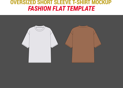 Oversized Short-Sleeve T-Shirt Fashion Flat Template Oversize Crew Neck T Shirt Flat Sketch Vector Illustration Unisex Short Sleeve Boxy T-shirt Template