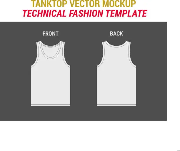 Vector illustration of Tanktop Men Mockup Template For Design Streetwear Tank Top Vector Flat Technical Drawing Sleeveless Tank Top Fashion Flat Illustration Vest Top CAD Vector Mockup