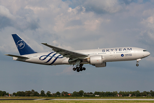 Vijfhuizen, Netherlands - August 3, 2009: China Southern Airlines Boeing 777-200 with registration B-2056 in Skyteam livery on short final for runway 18R (Polderbaan) of Amsterdam Airport Schiphol