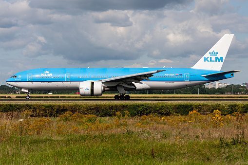 Vijfhuizen, Netherlands - July 31, 2009: Dutch KLM Boeing 777-200 with registration PH-BQA just landed on runway 18R (Polderbaan) of Amsterdam Airport Schiphol