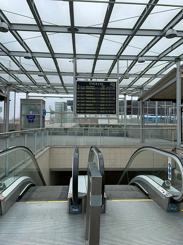 Ostrava, Czech Republic - February 14, 2023: Escalators and timetable at Ostrava-Svinov railway station.