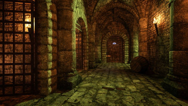 istock Dark grungy corridor in an ancient medieval prison dungeon with black iron doors on the cells. 3D rendering. 1982953101