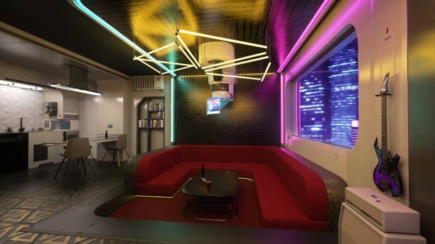 istock Futuristic cyberpunk studio flat in a high rise apartment building. 3D illustration. 1982953103